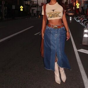 Spell Blue Daisy Patchwork Denim Midi Skirt S